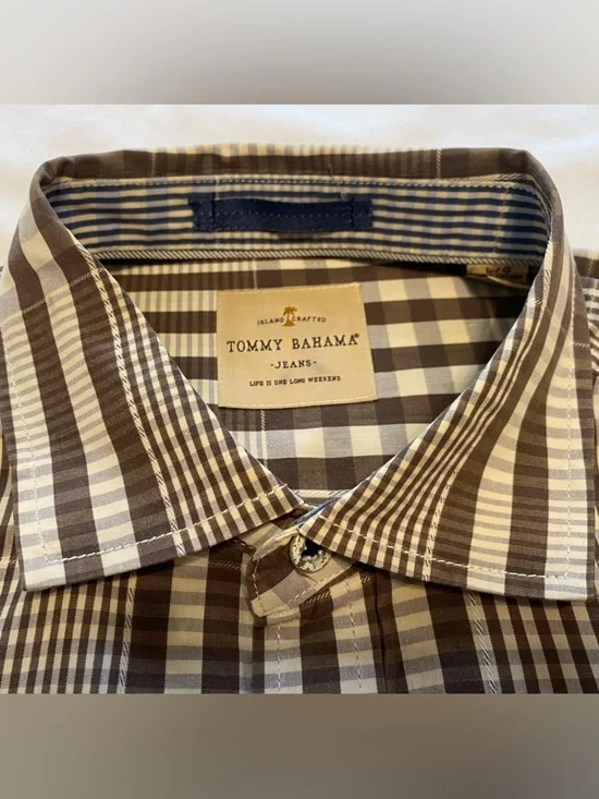 Tommy Bahama Jeans Brown and White Plaid Long Sleeve Button-Up Shirt Men’s  L - Picture 3 of 11